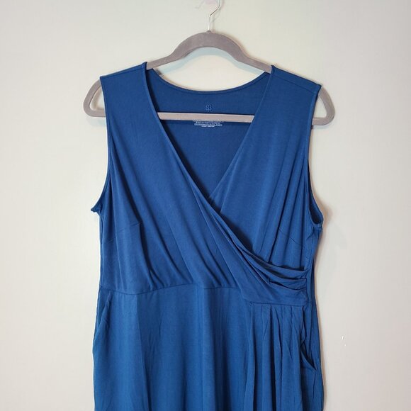 Betabrand Faux-Wrap Dress Blue Opal Pockets Stretch Size 2X New Art Deco - Picture 3 of 6